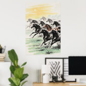 Galloping Pferde Feng Shui - Chinesischer Tintenwa Poster (Heimbüro)