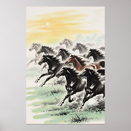 Galloping Pferde Feng Shui - Chinesischer Tintenwa Poster (Vorne)