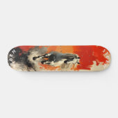 Galloping White Stallion in Fiery Sunset, Retro Skateboard (Horizontal)