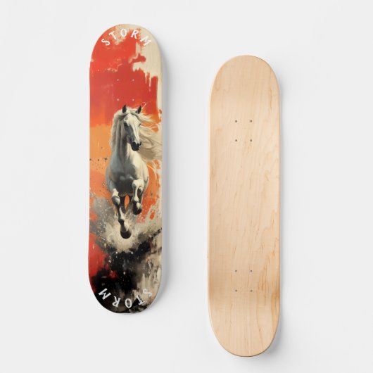Galloping White Stallion in Fiery Sunset, Retro Skateboard (Vorderseite)