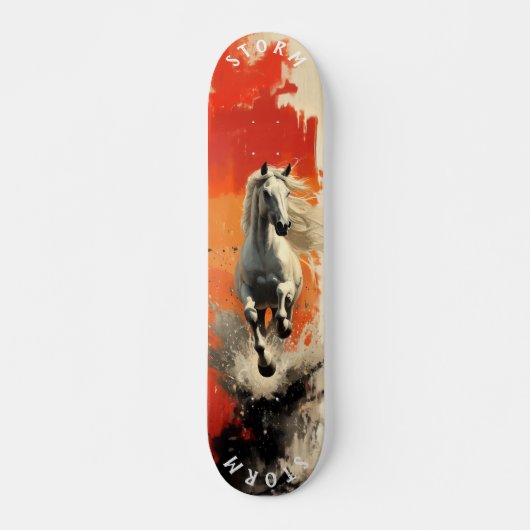 Galloping White Stallion in Fiery Sunset, Retro Skateboard (Vorne)