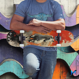 Galloping White Stallion in Fiery Sunset, Retro Skateboard