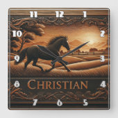 Galopp Pferd in Landschaftlicher Landschaft bei So Quadratische Wanduhr (Vorderseite)