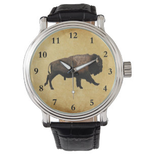 Galoppierende Bisons auf altem Papier Armbanduhr