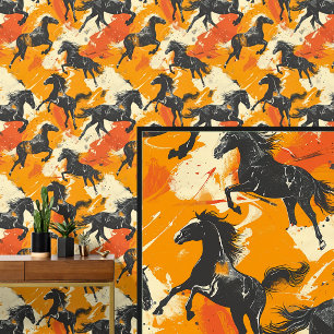 Galoppierende schwarze Pferde auf Orange Cream Tapete