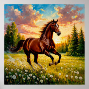 Galoppierendes Pferd in einem Blumenfeld Poster