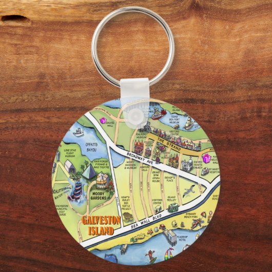 Galveston Texas Cartoon Map Schlüsselanhänger (Vorderseite)