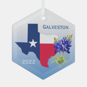 Galveston Texas, Umriss & Bluebonnets Weihnachtssc Ornament Aus Glas