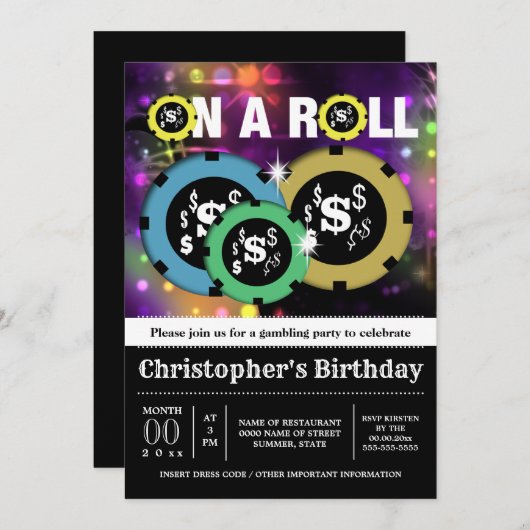 Gambling Roulette Chips Vegas Party Diskothek Einladung (Vorne/Hinten)