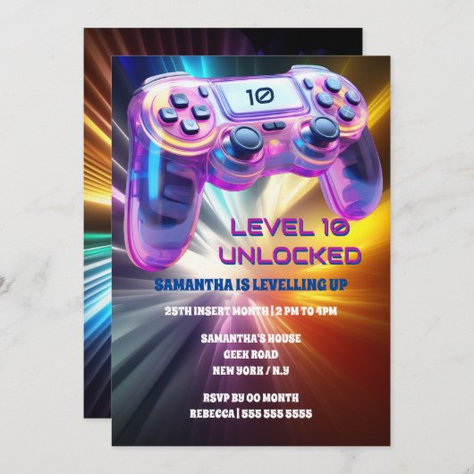 Game-Controller-Video-Sternexplosion-Mädchen Einladung (Vorne/Hinten)