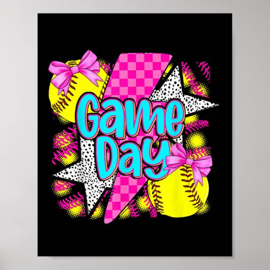 Game Day Softball Lighning Coquette Bow Funny Soft Poster (Vorne)