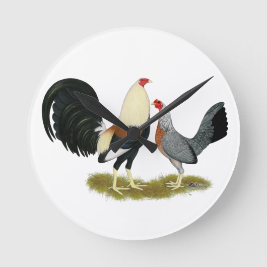 Game Fowl Pair Runde Wanduhr (Vorderseite)