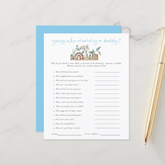 Game Guess Wer Mama Vater Blue Baby Dusche (Vorderseite/Rückseite Beispiel)