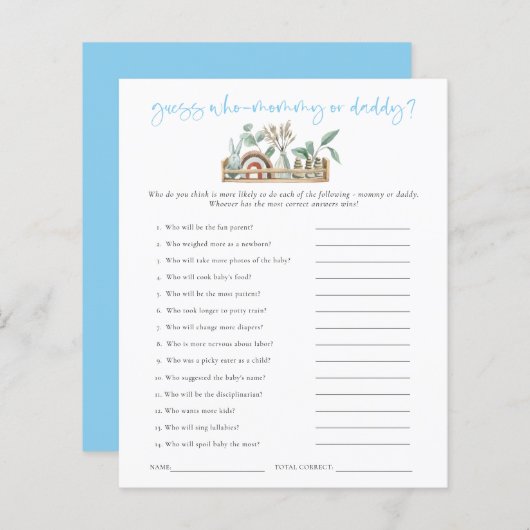 Game Guess Wer Mama Vater Blue Baby Dusche (Vorne/Hinten)