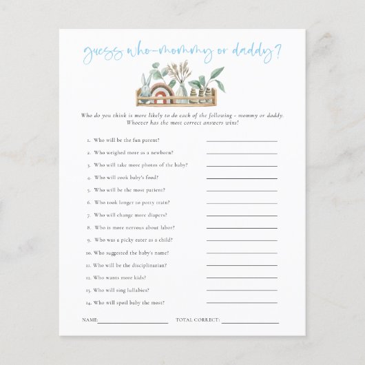 Game Guess Wer Mama Vater Blue Baby Dusche (Vorderseite)