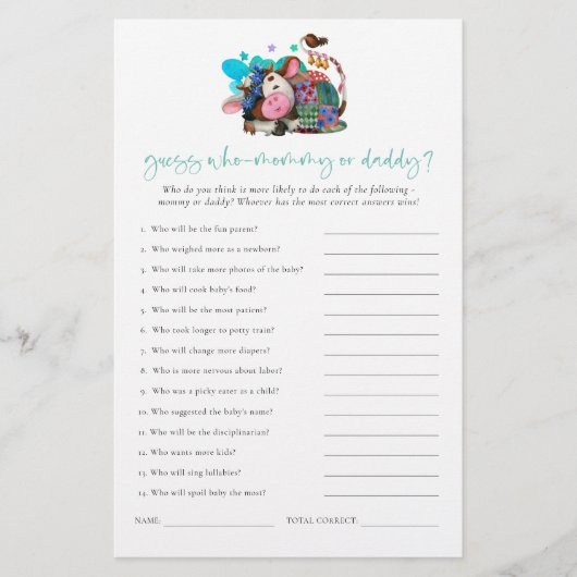 Game Guess Wer Mama Vater Kuh Baby Dusche (Vorderseite)