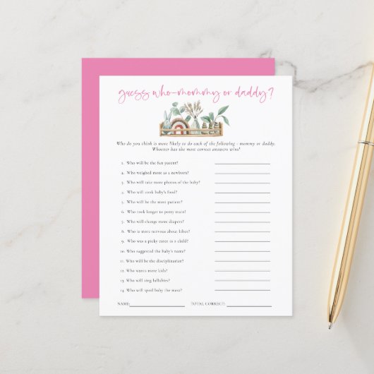 Game Guess Wer Mama Vater Pink Baby Dusche (Vorderseite/Rückseite Beispiel)