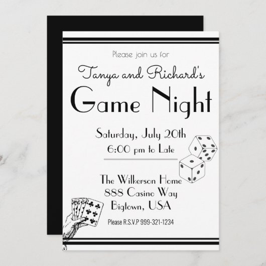 Game Night Party Einladung Black and White Retro (Vorne/Hinten)