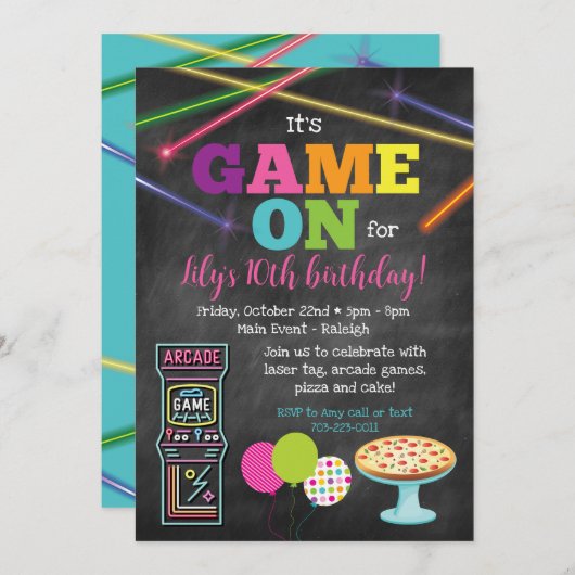 Game On Arcade Pizza Party Einladung (Vorne/Hinten)