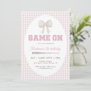 Game On Baseball-Schleife Rosa Gingham Preppy 5.  Einladung