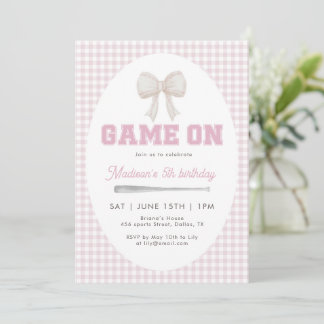 Game On Baseball-Schleife Rosa Gingham Preppy 5. Einladung