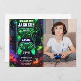 Game On, Boy Video Game Geburtstag Foto Einladung