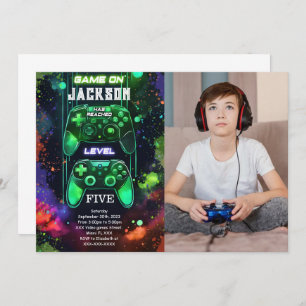 Game On, Boy Video Game Geburtstag Foto Einladung