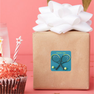 "Game On" Cyan Rackets and Balls Tennis Quadratischer Aufkleber