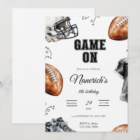 Game On Football Birthday Party Invitation Einladung (Vorne/Hinten)