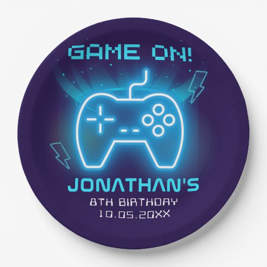 Game on, Fun Neon Birthday Boy Pappteller (Vorderseite)