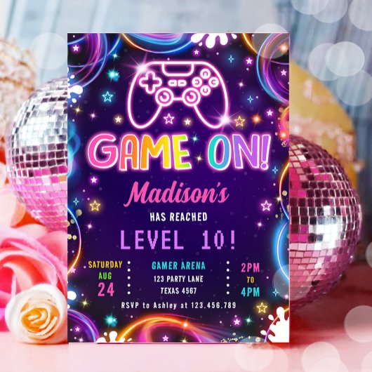 Game On Gamer Videospiele Neon Glow Girl Geburtsta Einladung