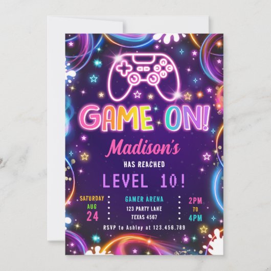 Game On Gamer Videospiele Neon Glow Girl Geburtsta Einladung (Vorderseite)
