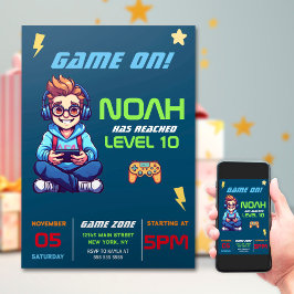 Game On Level Up Blue Video Game Birday Party Einladung