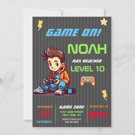 Game On Level Up Fun Video Game Birthday Party Einladung (Vorderseite)