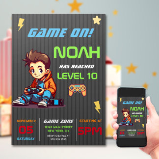 Game On Level Up Fun Video Game Birthday Party Einladung