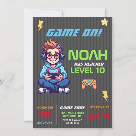 Game On Level Up Fun Video Game Birthday Party Einladung (Vorderseite)