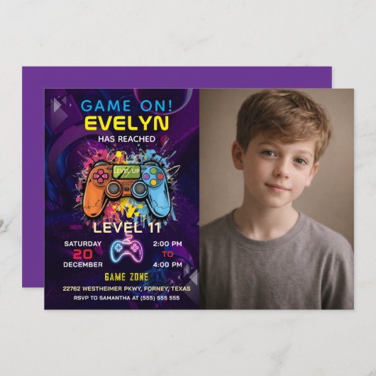  Game On Level Up Video Game Birthday Einladung (Vorne/Hinten)
