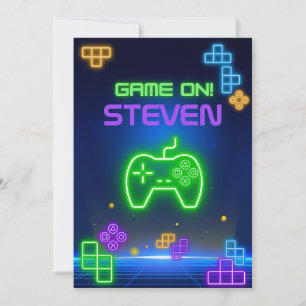 Game on Neon Grün, Blau, Gelb Gamer-Einladung Einladung