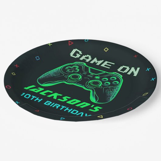 Game On Neon Video Game Birthday Party Pappteller (Schrägansicht)