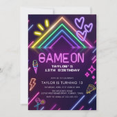 Game On Neon Video Games Girl Birthday Einladung (Vorderseite)
