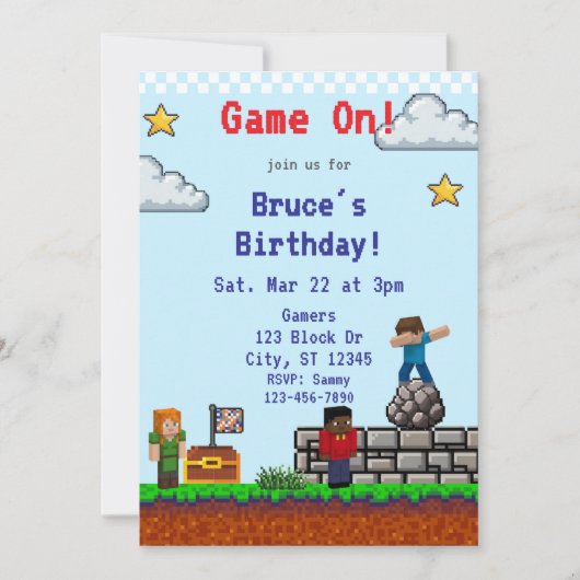 Game On! Pixel Block Game Birthday Einladung (Vorderseite)