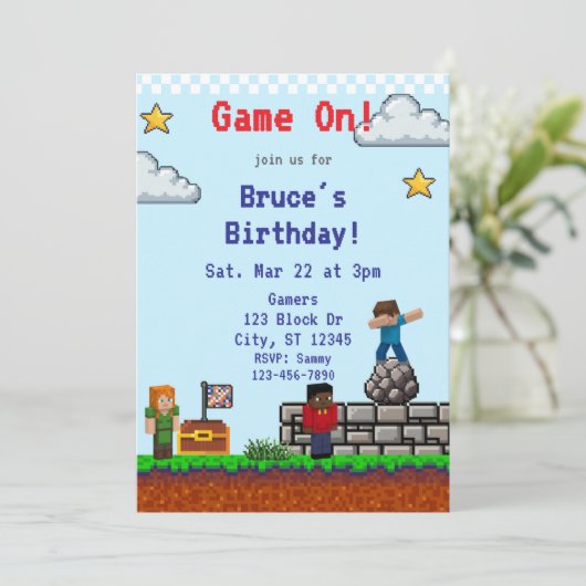 Game On! Pixel Block Game Birthday Einladung (Stehend Vorderseite)