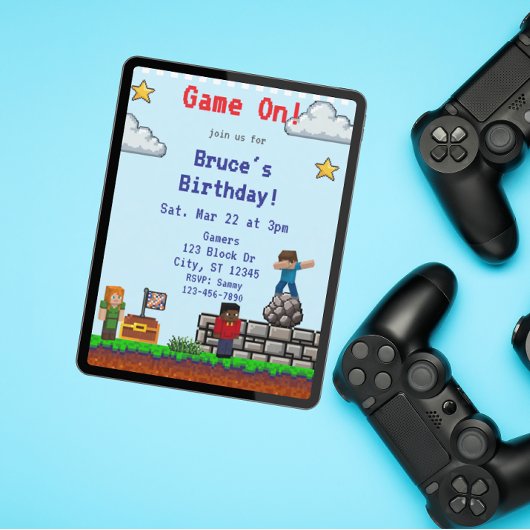 Game On! Pixel Block Game Birthday Einladung