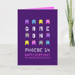 Game on pixel monsters gamer sister 14th birthday karte<br><div class="desc">Purple and pink,  blue and yellow colorful alien monster pixel graphic characters on dark purple,  personalized 14th sister birthday card. Fun crazy block graphic pixel 3d crazy monsters aliens video gaming themed sister or other relatives birthday card. Other matching items are available. Designed by www.mylittleeden.com on Zazzle.</div>