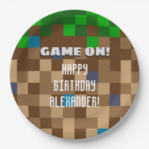 Game On pixelweise Grass Block Gaming Geburtstag Pappteller