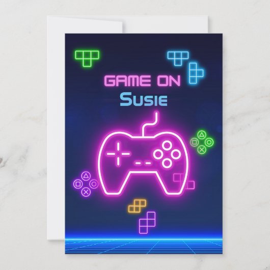 Game on Video Neongamer grün, rosa, blau Einladung (Vorderseite)