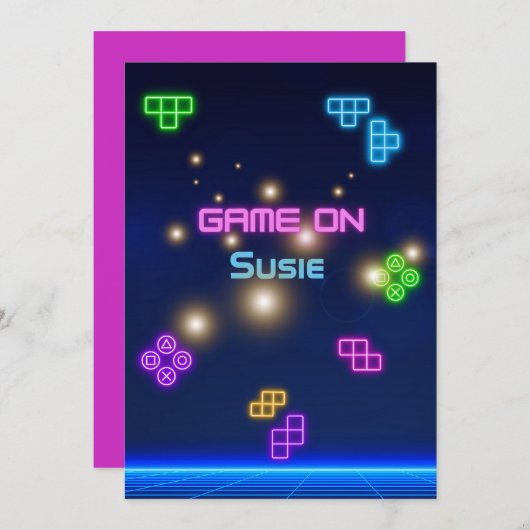 Game on Video Neongamer grün, rosa, blau Einladung (Vorne/Hinten)
