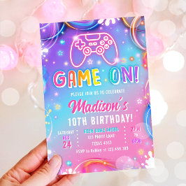 Game On Videogame Arcade VR Neon Girl Birthday Einladung