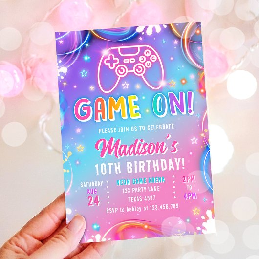 Game On Videospiel-Arcade VR Neon-Mädchen-Geburtst Einladung