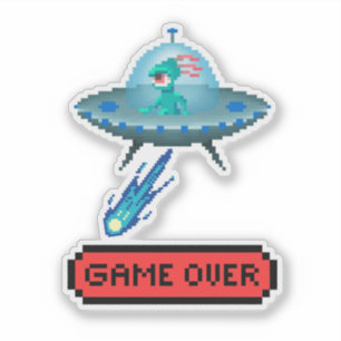 'Game Over' Alien fliegendes UFO Raumschiff, Pixel Aufkleber